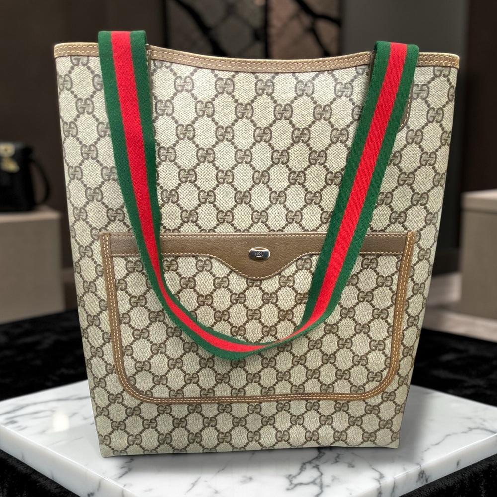 Authentic Vintage GUCCI Canvas GG Sherry Green and Red Web Tote Bag with Insert!
